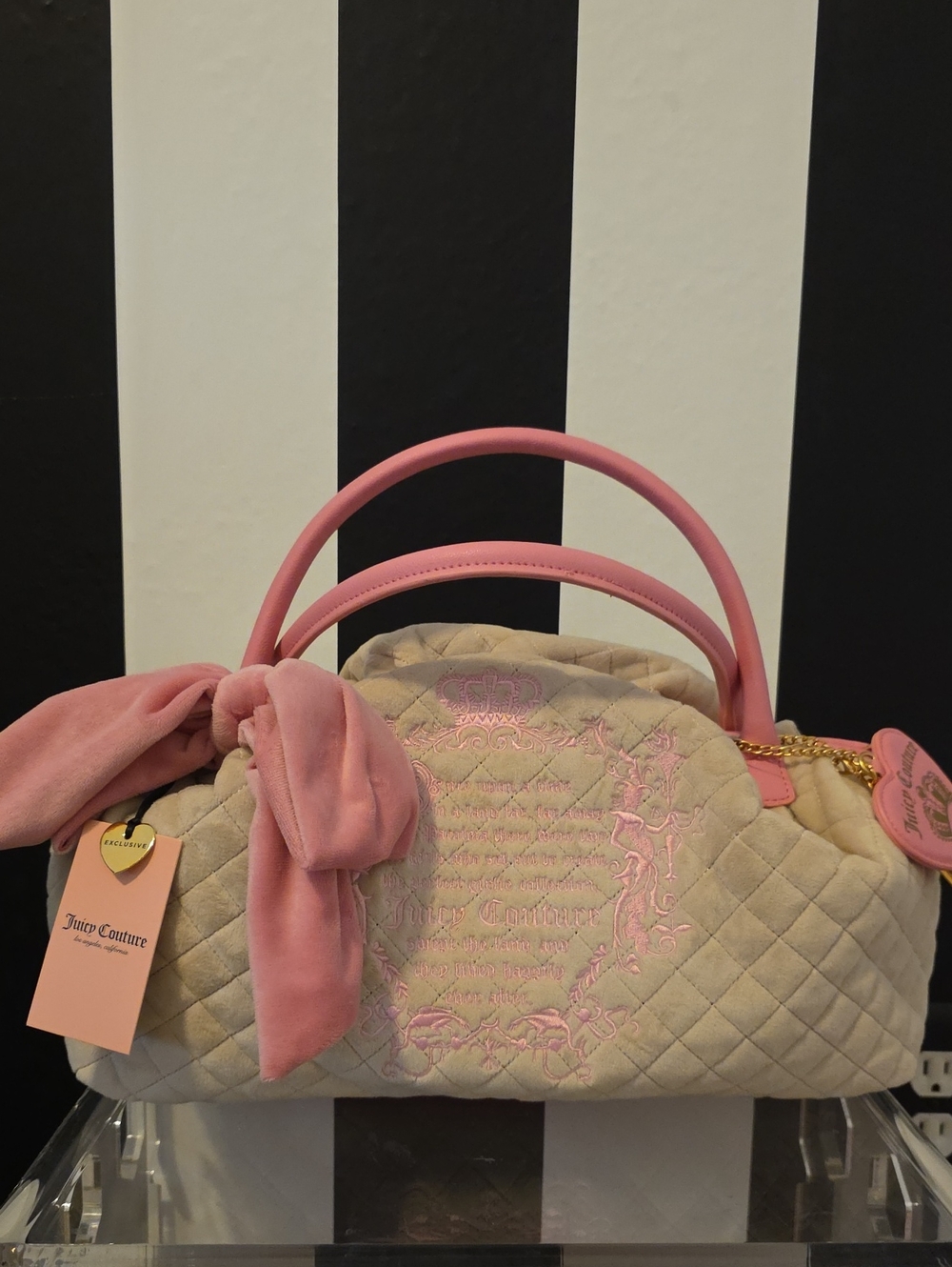 Juicy Couture Cream Quilted Satchel with Pink Handles & Bow